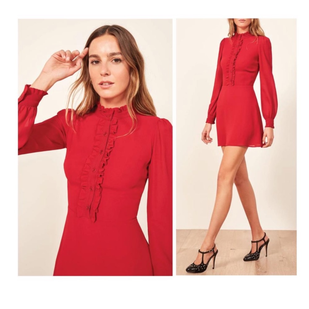Reformation red ruffle front dress